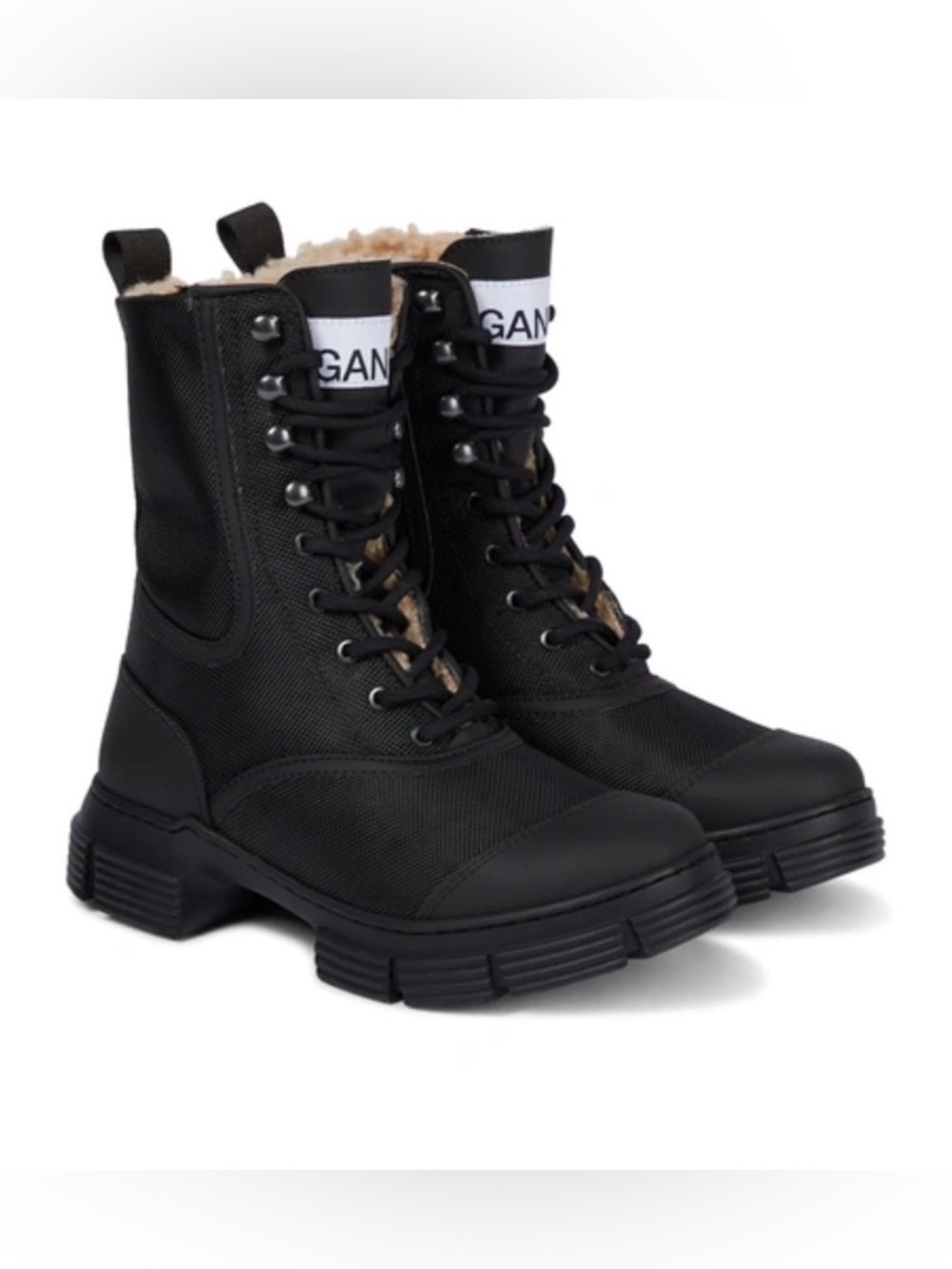 Ganni Black Lace-Up Shearling-Trim Combat Moto Ankle Chunky Boots Urban 8